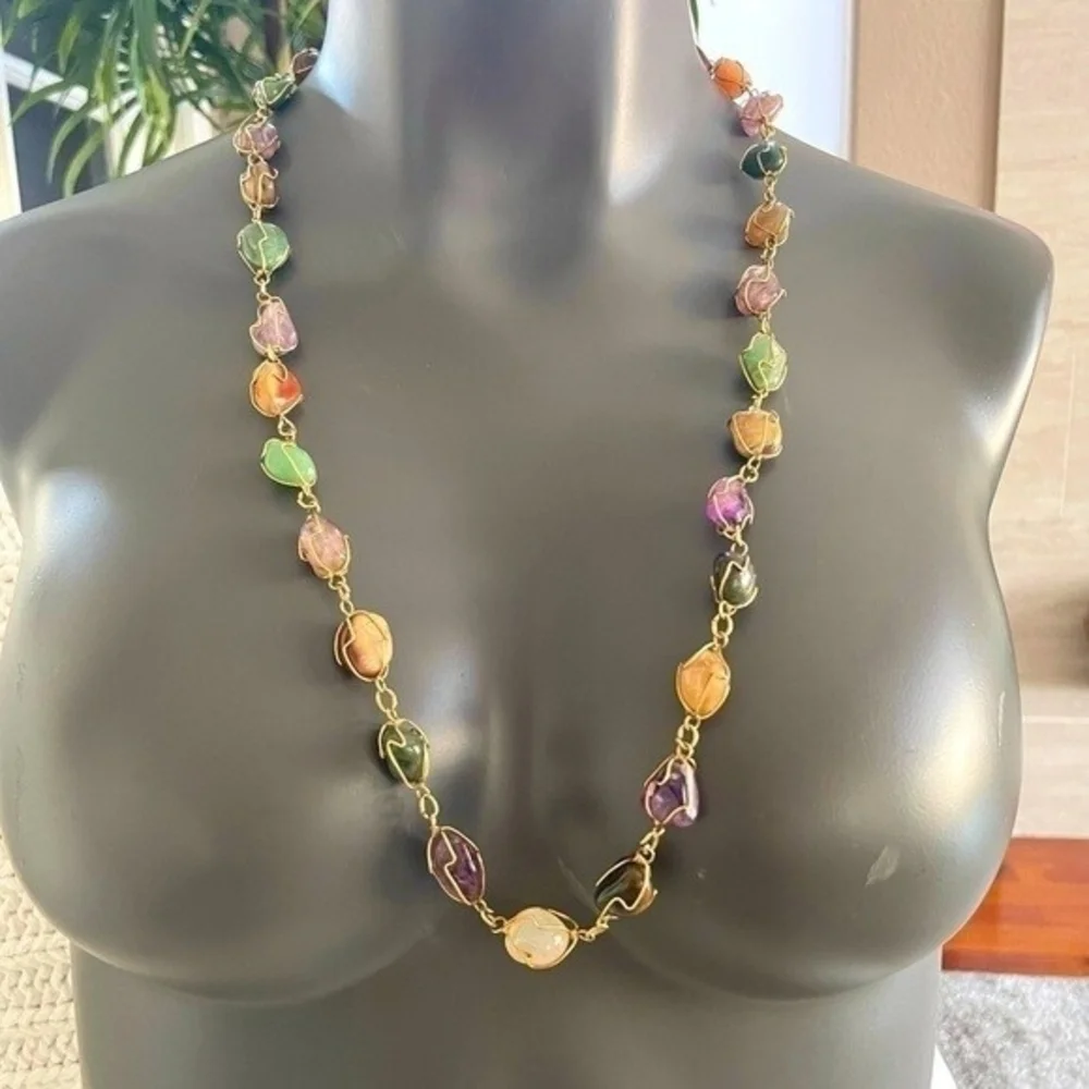Vintage Gold Tone Wire Caged Multi Gemstone Statement Necklace 30.5